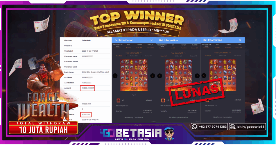 Bukti pembayaran Jackpot di GOBETASIA