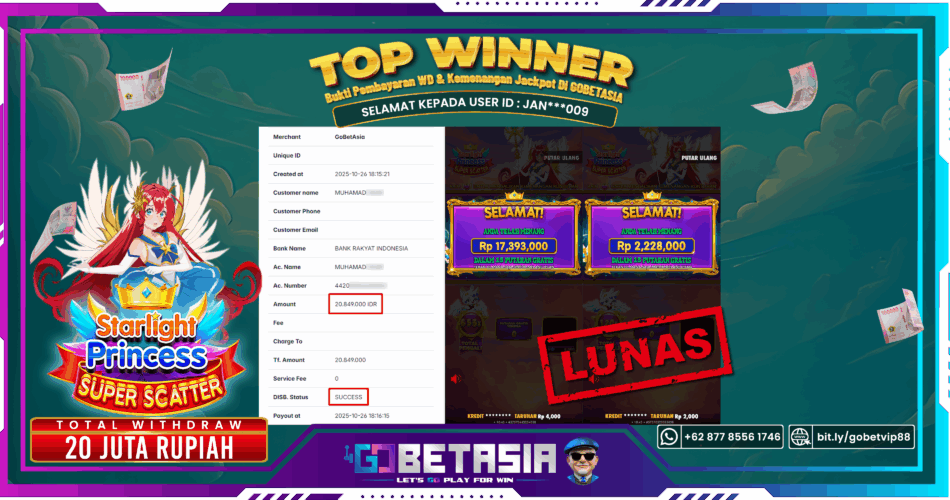 Bukti pembayaran Jackpot di GOBETASIA