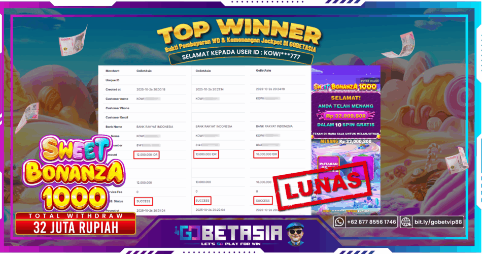 Bukti pembayaran Jackpot di GOBETASIA