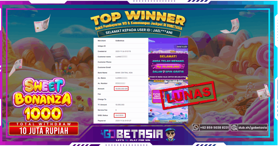 Bukti pembayaran Jackpot di GOBETASIA