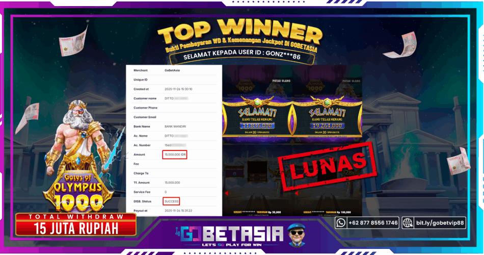 Bukti pembayaran Jackpot di GOBETASIA