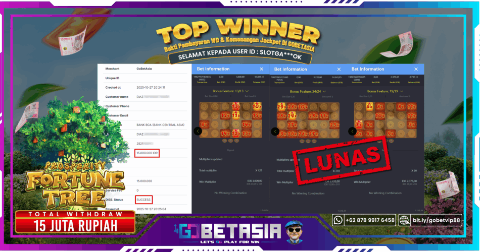 Bukti pembayaran Jackpot di GOBETASIA