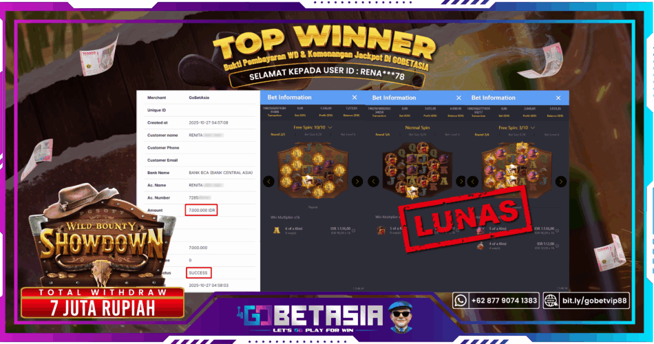 Bukti pembayaran Jackpot di GOBETASIA