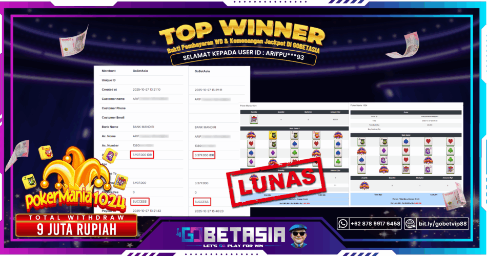 Bukti pembayaran Jackpot di GOBETASIA