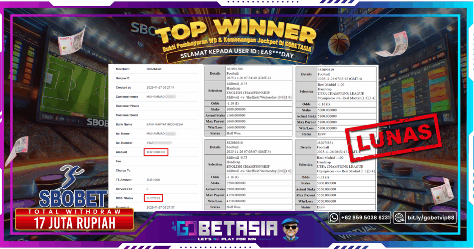 Bukti pembayaran Jackpot di GOBETASIA