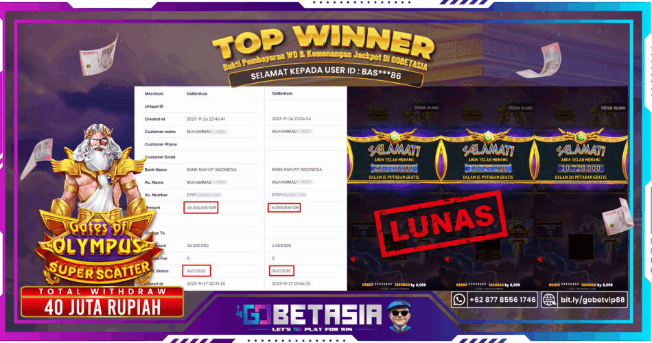 Bukti pembayaran Jackpot di GOBETASIA