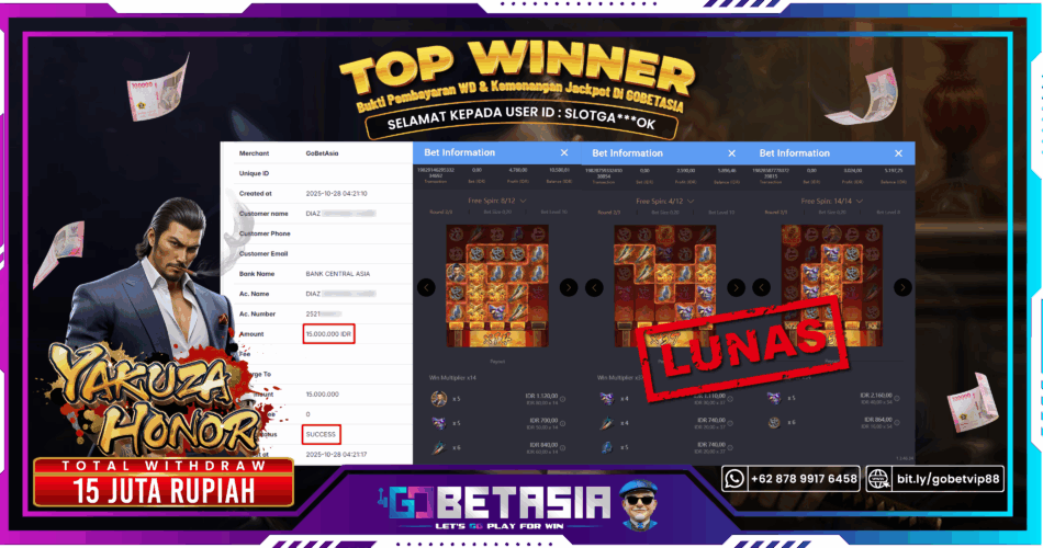 Bukti pembayaran Jackpot di GOBETASIA