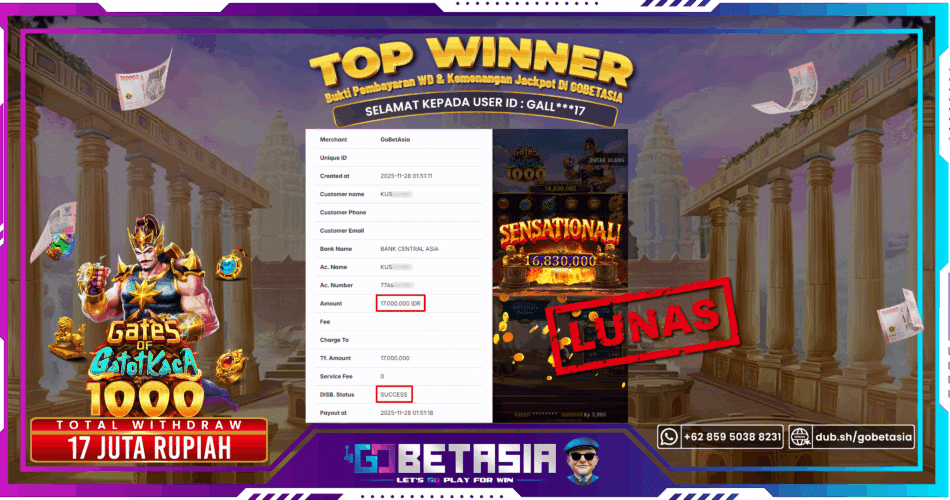 Bukti pembayaran Jackpot di GOBETASIA