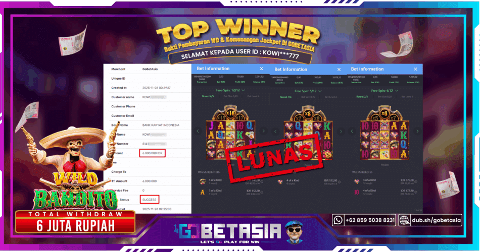 Bukti pembayaran Jackpot di GOBETASIA