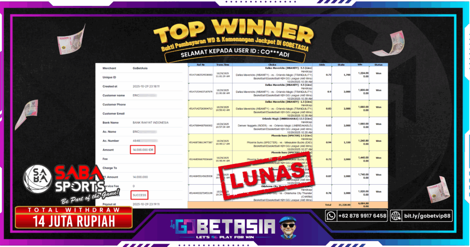 Bukti pembayaran Jackpot di GOBETASIA
