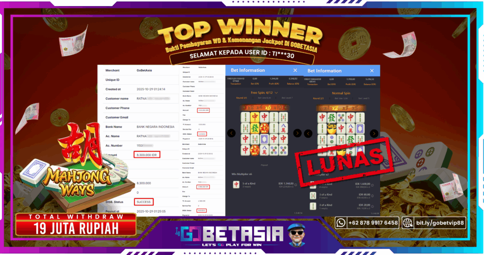 Bukti pembayaran Jackpot di GOBETASIA