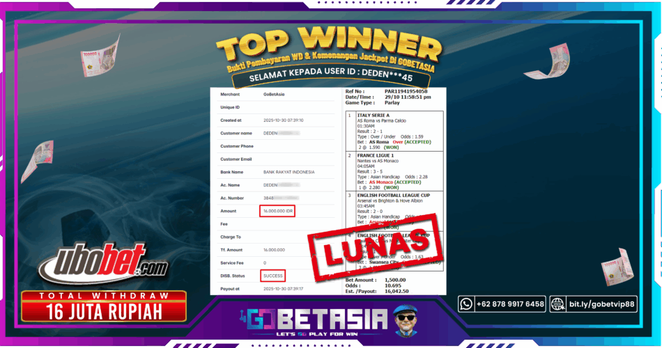 Bukti pembayaran Jackpot di GOBETASIA