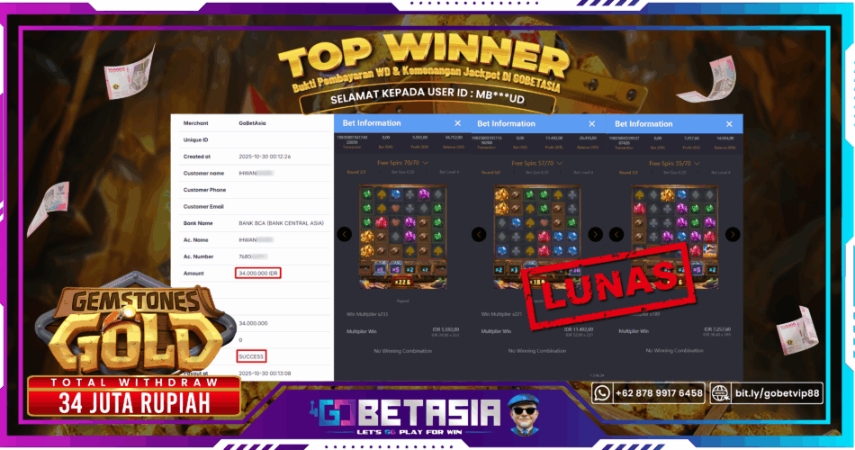 Bukti pembayaran Jackpot di GOBETASIA