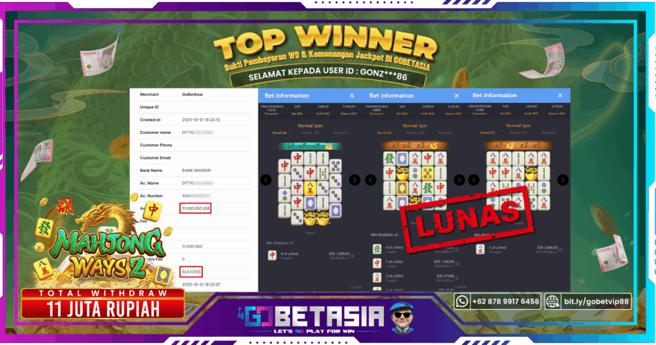Bukti pembayaran Jackpot di GOBETASIA