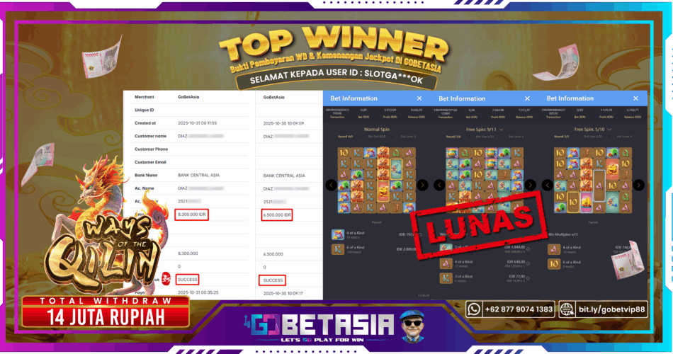 Bukti pembayaran Jackpot di GOBETASIA