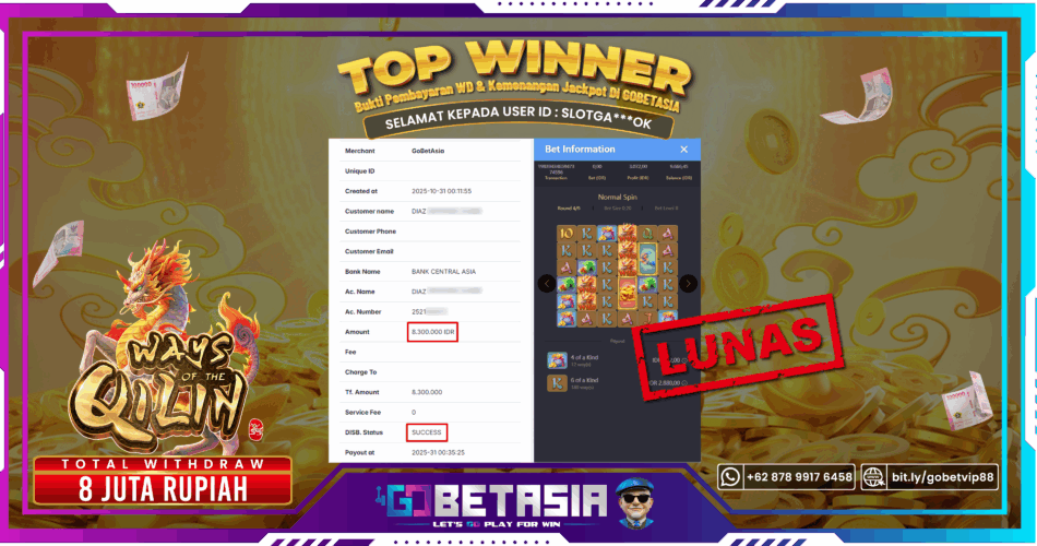 Bukti pembayaran Jackpot di GOBETASIA