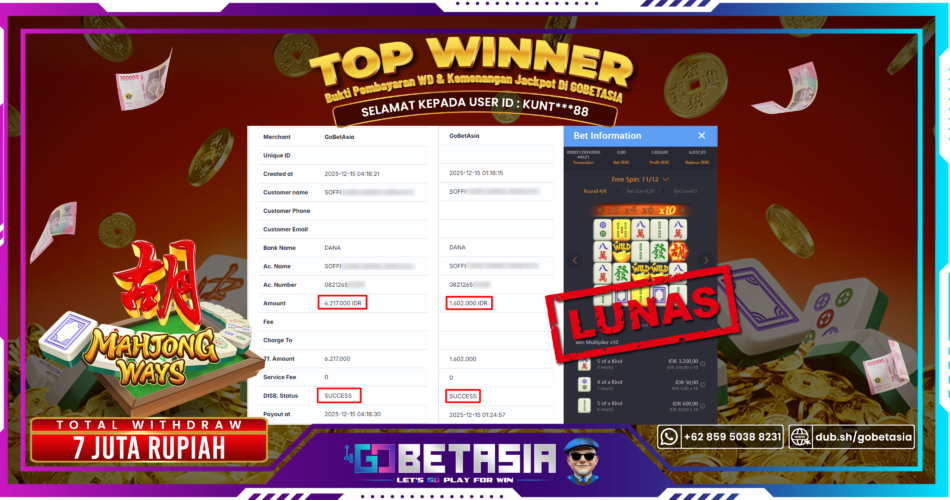 Bukti pembayaran Jackpot di GOBETASIA