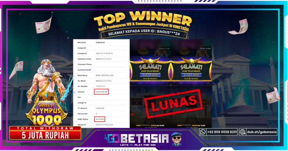 Bukti pembayaran Jackpot di GOBETASIA