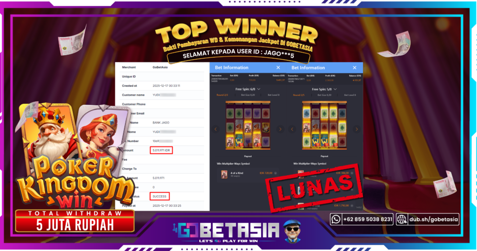 Bukti pembayaran Jackpot di GOBETASIA