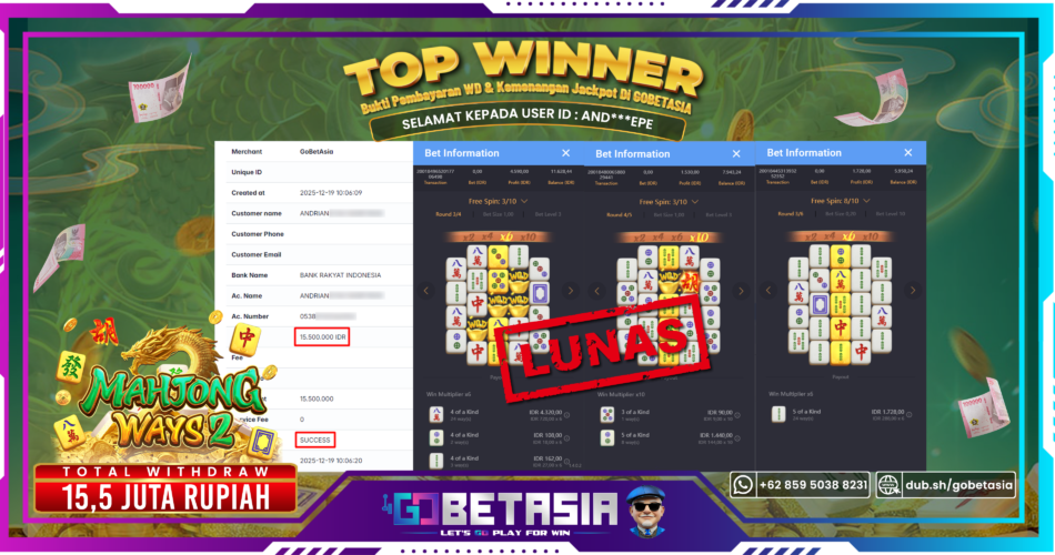 Bukti pembayaran Jackpot di GOBETASIA