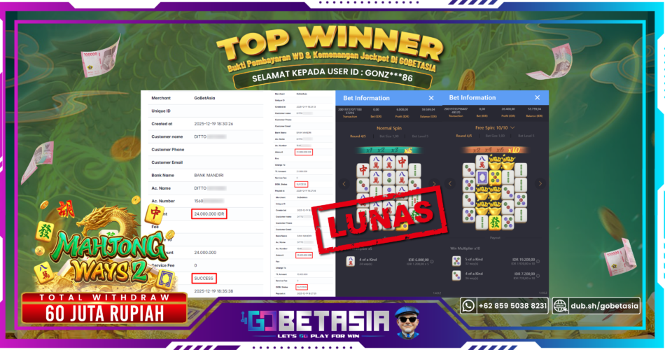 Bukti pembayaran Jackpot di GOBETASIA