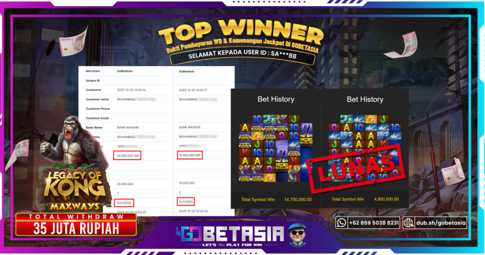 Bukti pembayaran Jackpot di GOBETASIA