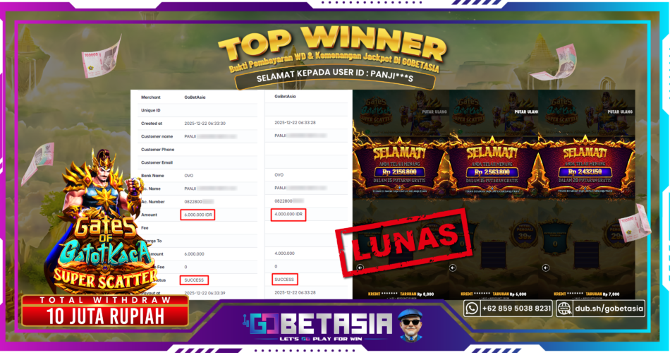 Bukti pembayaran Jackpot di GOBETASIA