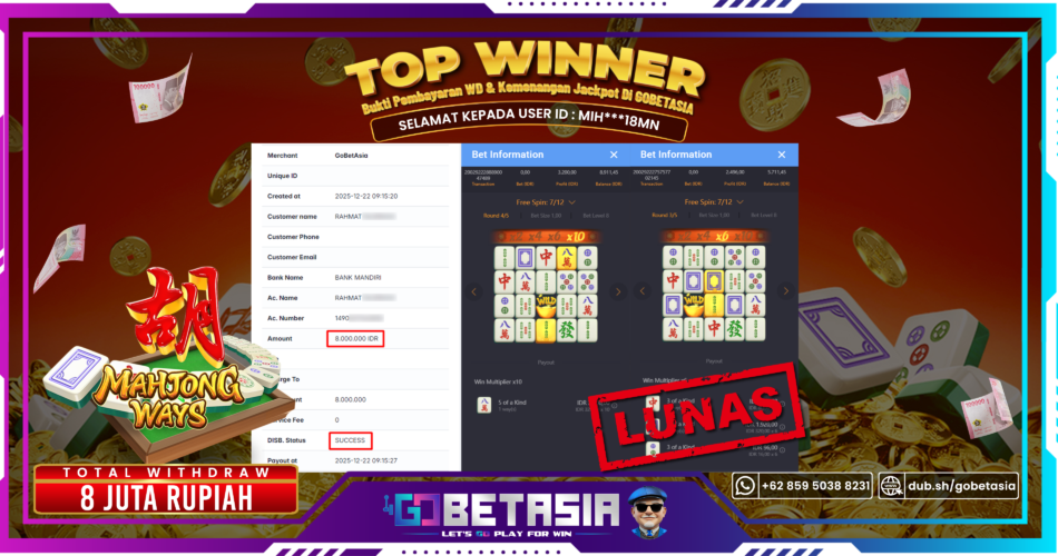 Bukti pembayaran Jackpot di GOBETASIA