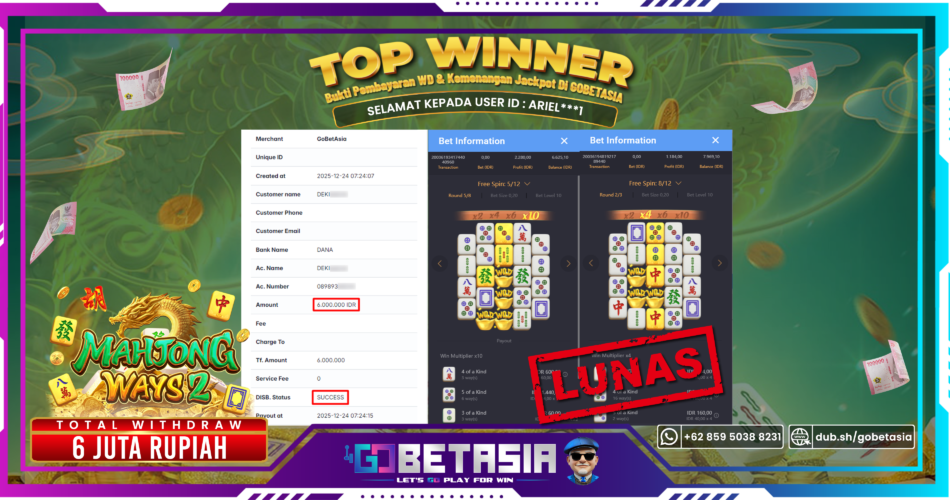 Bukti pembayaran Jackpot di GOBETASIA