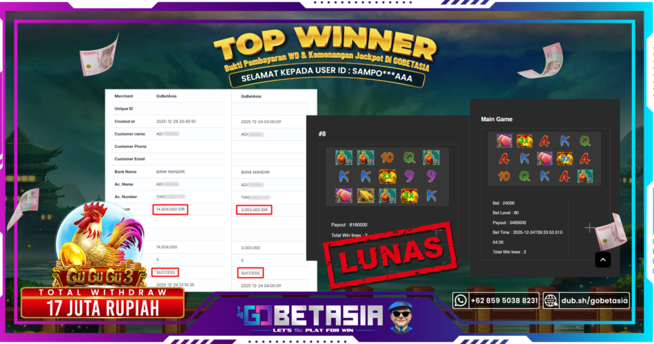 Bukti pembayaran Jackpot di GOBETASIA