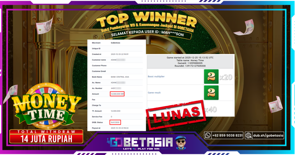 Bukti pembayaran Jackpot di GOBETASIA