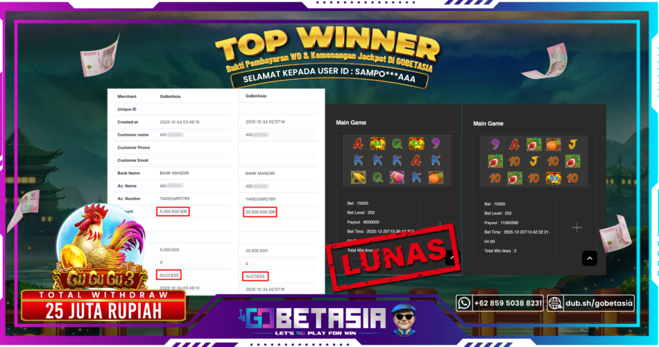 Bukti pembayaran Jackpot di GOBETASIA