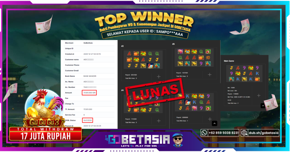 Bukti pembayaran Jackpot di GOBETASIA