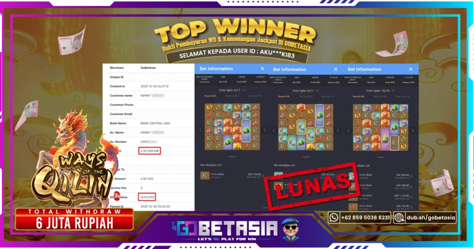 Bukti pembayaran Jackpot di GOBETASIA