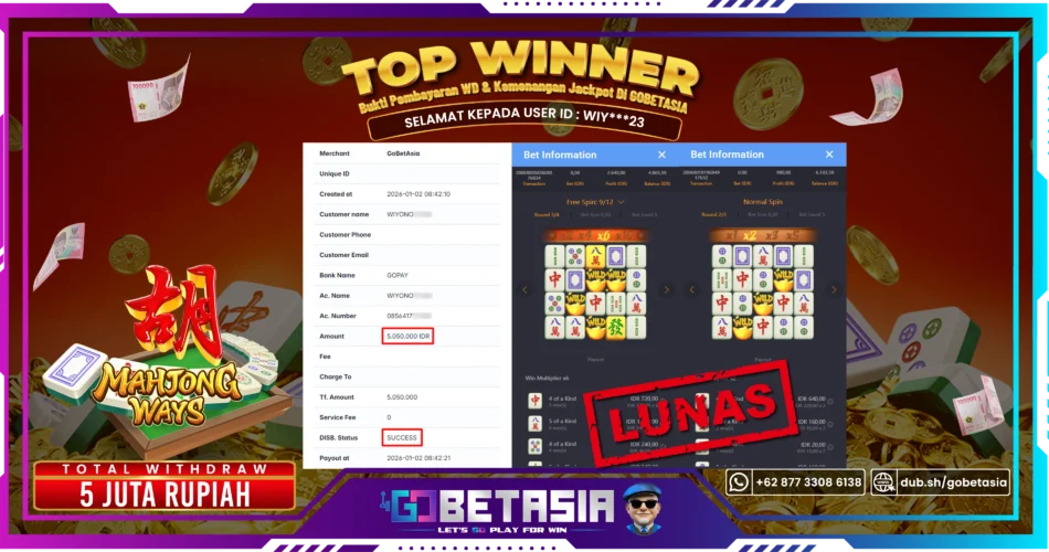 Bukti pembayaran Jackpot di GOBETASIA