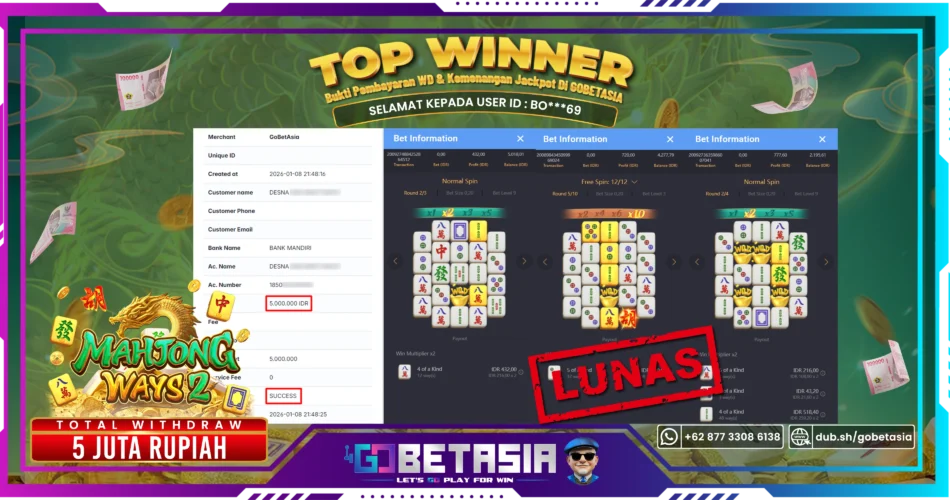 Bukti pembayaran Jackpot di GOBETASIA