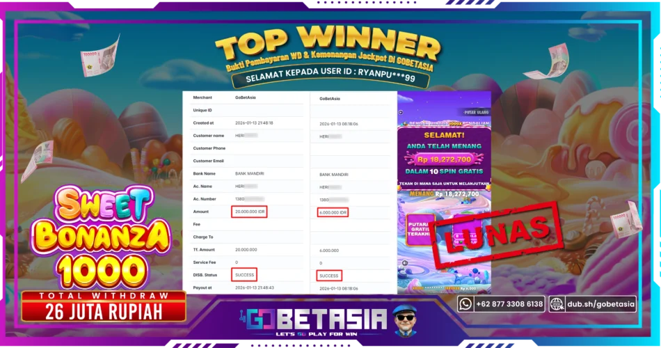 Bukti pembayaran Jackpot di GOBETASIA