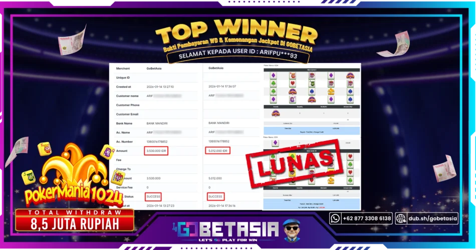 Bukti pembayaran Jackpot di GOBETASIA