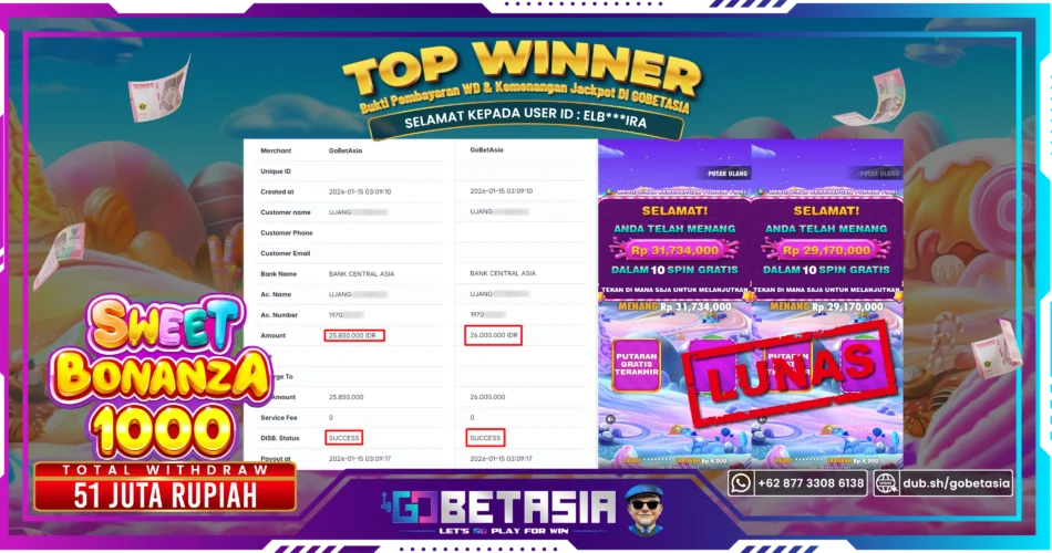 Bukti pembayaran Jackpot di GOBETASIA
