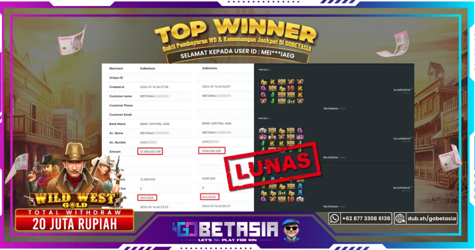 Bukti pembayaran Jackpot di GOBETASIA