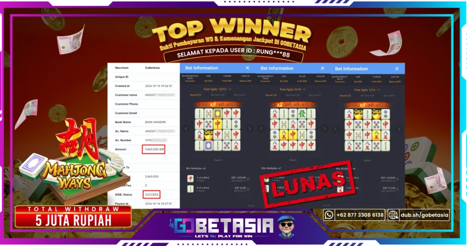 Bukti pembayaran Jackpot di GOBETASIA