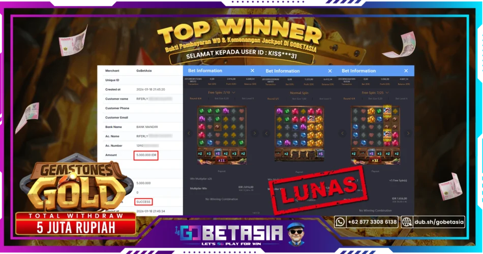 Bukti pembayaran Jackpot di GOBETASIA