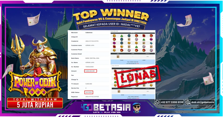 Bukti pembayaran Jackpot di GOBETASIA