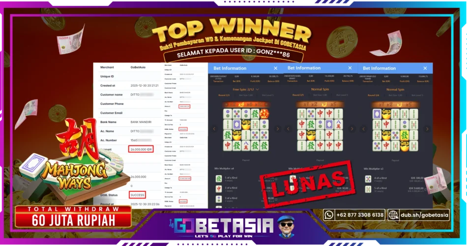 Bukti pembayaran Jackpot di GOBETASIA