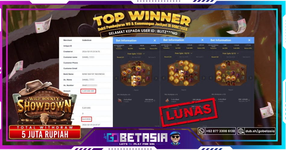 Bukti pembayaran Jackpot di GOBETASIA