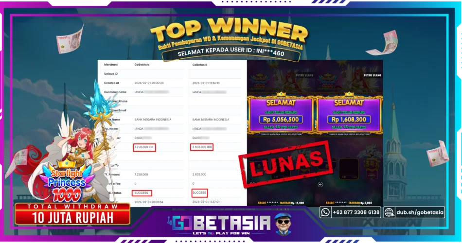 Bukti pembayaran Jackpot di GOBETASIA