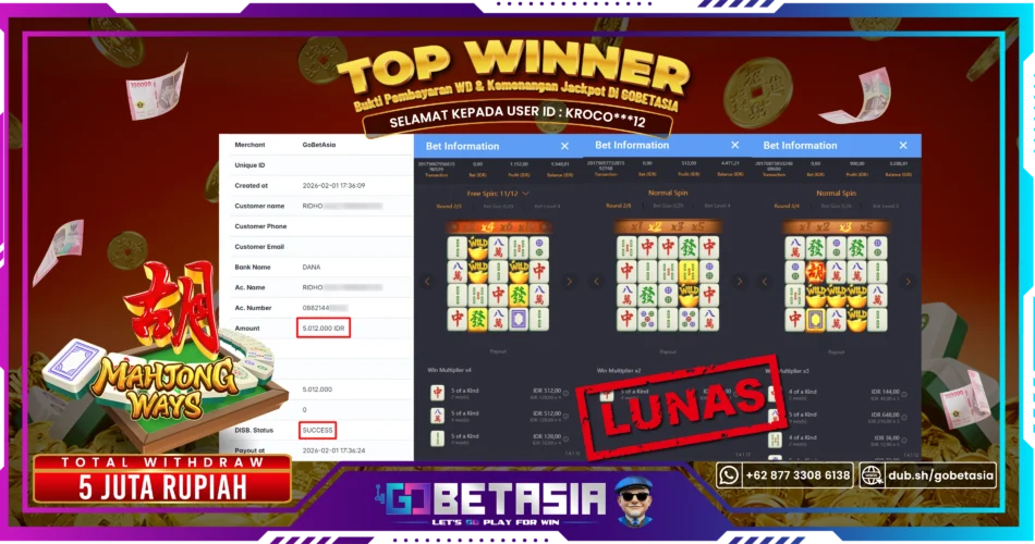 Bukti pembayaran Jackpot di GOBETASIA