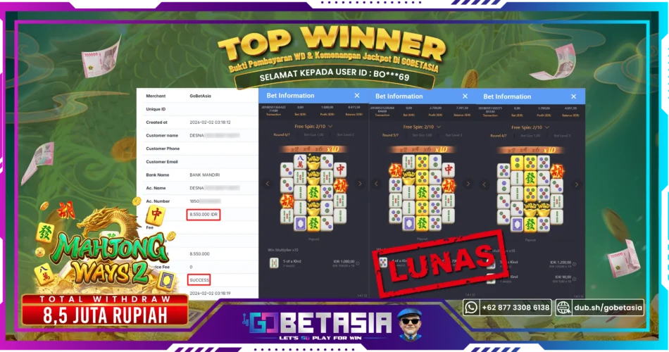 Bukti pembayaran Jackpot di GOBETASIA