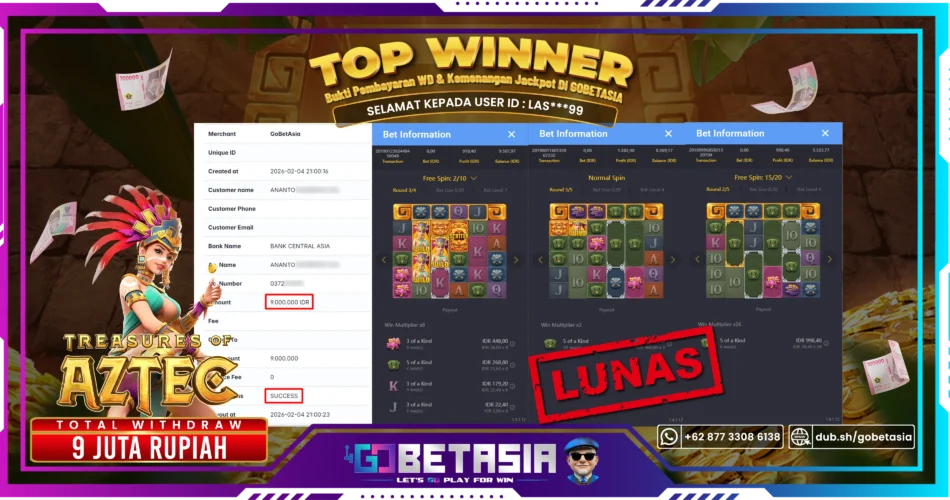 Bukti pembayaran Jackpot di GOBETASIA