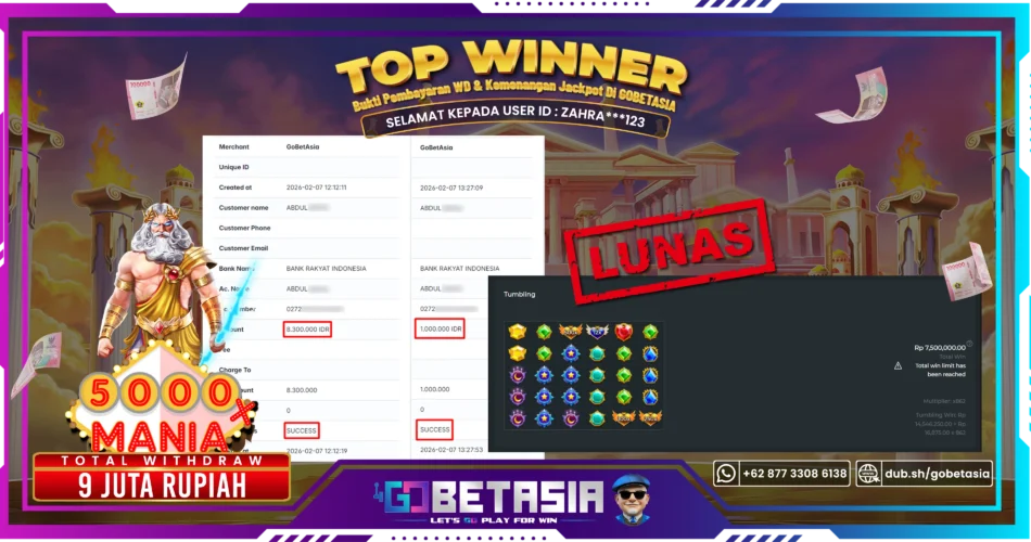 Bukti pembayaran Jackpot di GOBETASIA